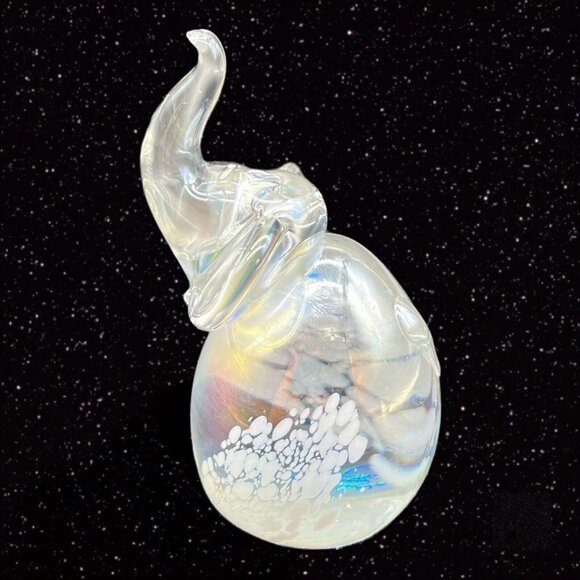 Art Glass Elephant Paperweight Figure Iridescent White Spotted 3.5”T 2.5”W - Picture 1 of 9